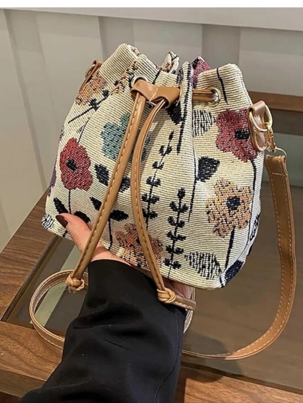 Floral Drawstring Bucket Bag with Tan Trim